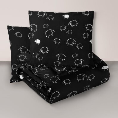 Komplet Pościeli 160x200 + 2x70x80, 100% Bawełna, 140g/m2, wzór: Baranki czarne