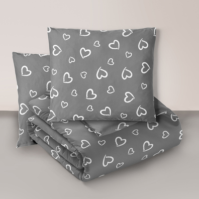 Komplet Pościeli 160x200 + 2x70x80, 100% Bawełna, 140g/m2, wzór: Białe Serca Obwódki na Szarym