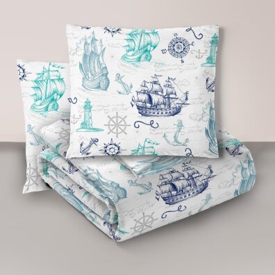 Komplet Pościeli 160x200 + 2x70x80, 100% Bawełna, 140g/m2, wzór:  bałtyk biały