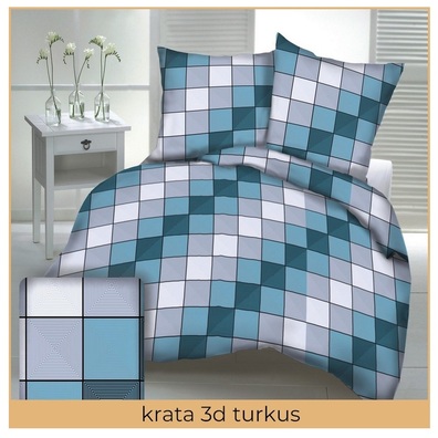 Komplet Pościeli 160x200 + 2x70x80, 100% Bawełna, 140g/m2, wzór: Krata 3D Turkus