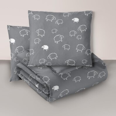 Komplet Pościeli 160x200 + 2x70x80, 100% Bawełna, 140g/m2, wzór: Baranki szare