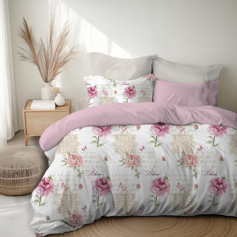 Pościel Dwustronna 140x200cm, 70x80cm, 140g/m2, bawełna 100% Piwonia z Napisami Puder Mix (5)