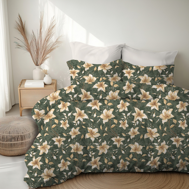 Komplet Pościeli 160x200 + 2x 70x80,  100% Bawełna, 140g/m2, wzór: Perłowa Wanilia na Zieleni (5)