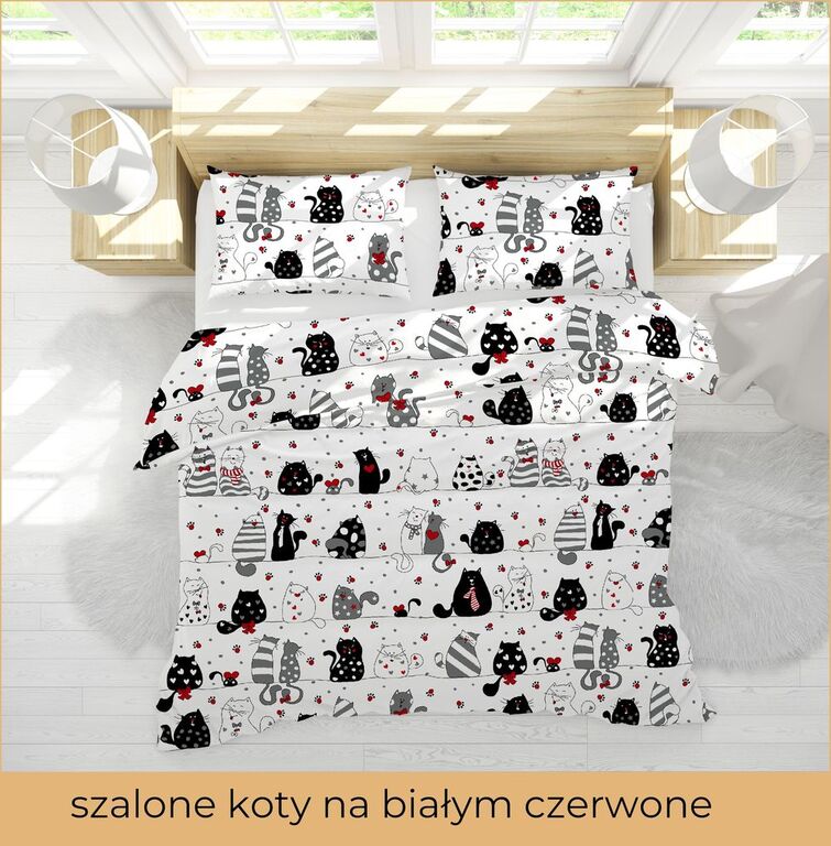 Pościel DZIECIĘCA 140x200cm dla dziecka - Szalone Koty Na białym z Czerwonym (3)