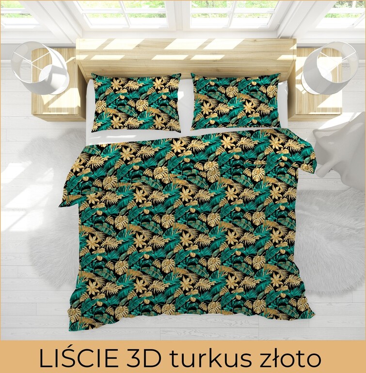 Pościel  140x200cm, 70x80cm, 140g/m2, bawełna 100% :  Liście 3D turkus złoto (3)
