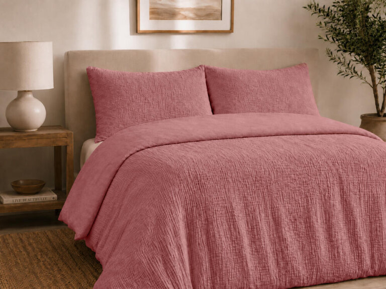 Pościel muślinowa dwuwarstwowa 220x200cm + 2x70x80cm - muślin + bawełna Vintage Rose (5)
