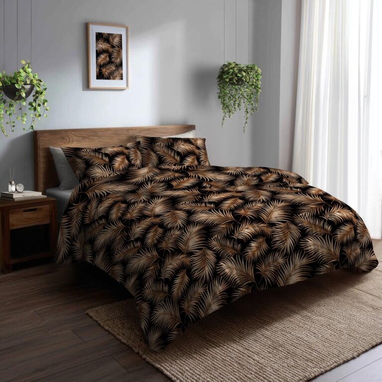 Pościel 160x200cm 2x70x80cm, 140g/m2,100% bawełna wzór: Palmowe Pióra na Czerni (6)