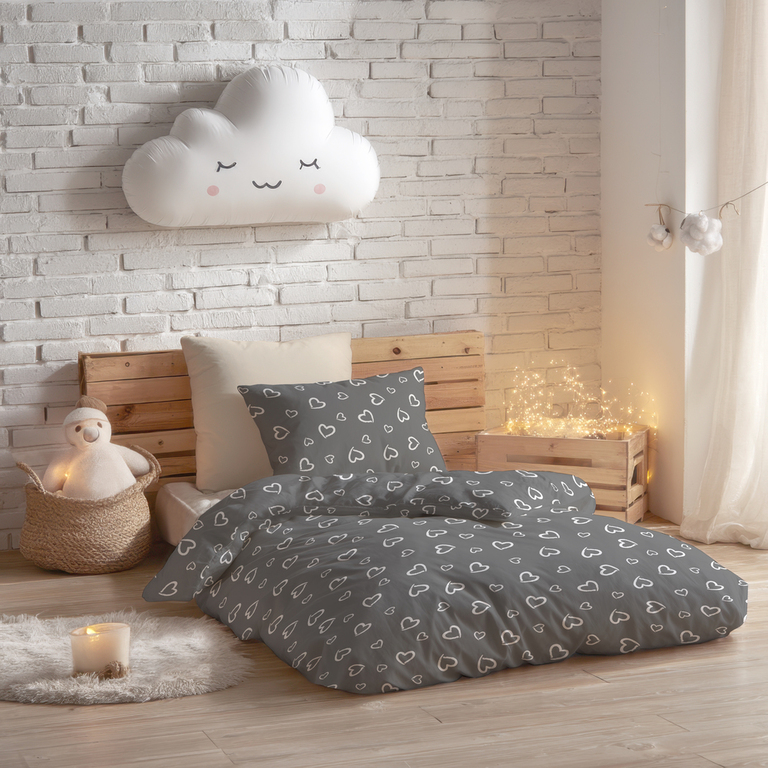 Pościel DZIECIĘCA 140x200 dla dziecka 100% bawełna CERTYFIKAT Serca Obwódki Białe na Szarym (3)
