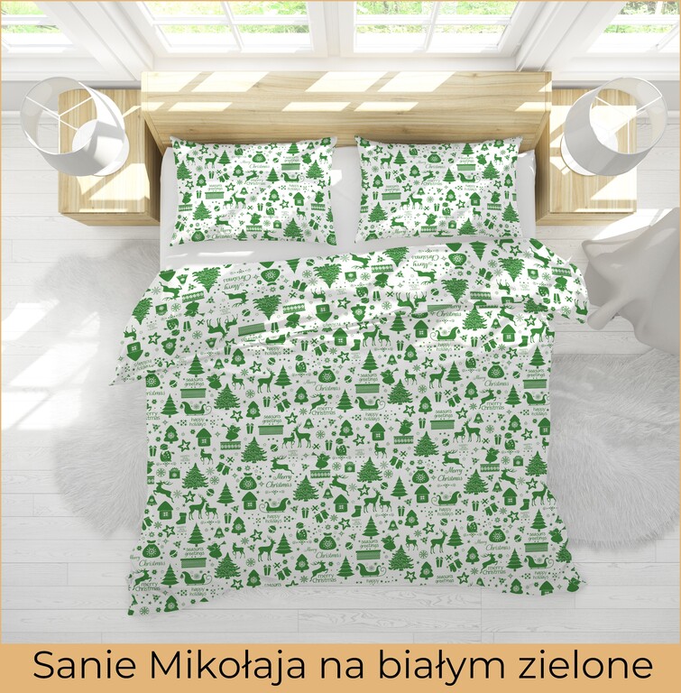 Komplet Pościeli 160x200 + 2x70x80, 100% Bawełna, 140g/m2, wzór: Sanie Mikołaja na białym zielone (4)
