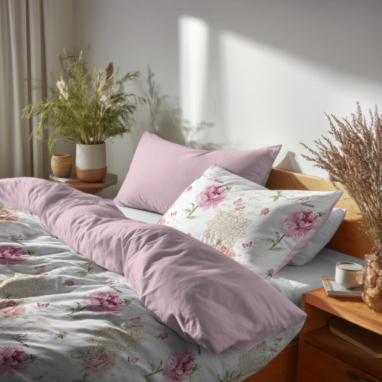 Pościel Dwustronna 140x200cm, 70x80cm, 140g/m2, bawełna 100% Piwonia z Napisami Puder Mix (7)