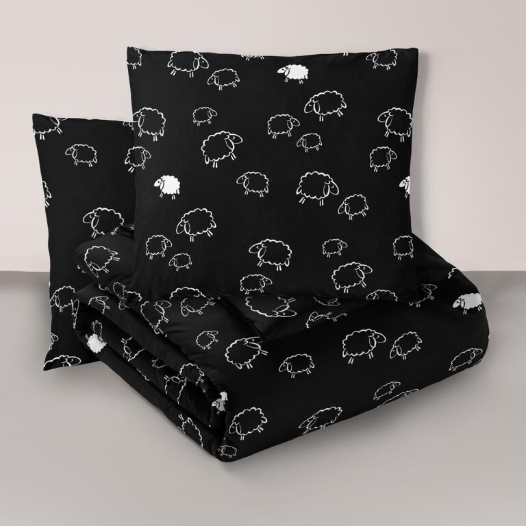 Komplet Pościeli 160x200 + 2x70x80, 100% Bawełna, 140g/m2, wzór: Baranki czarne (1)