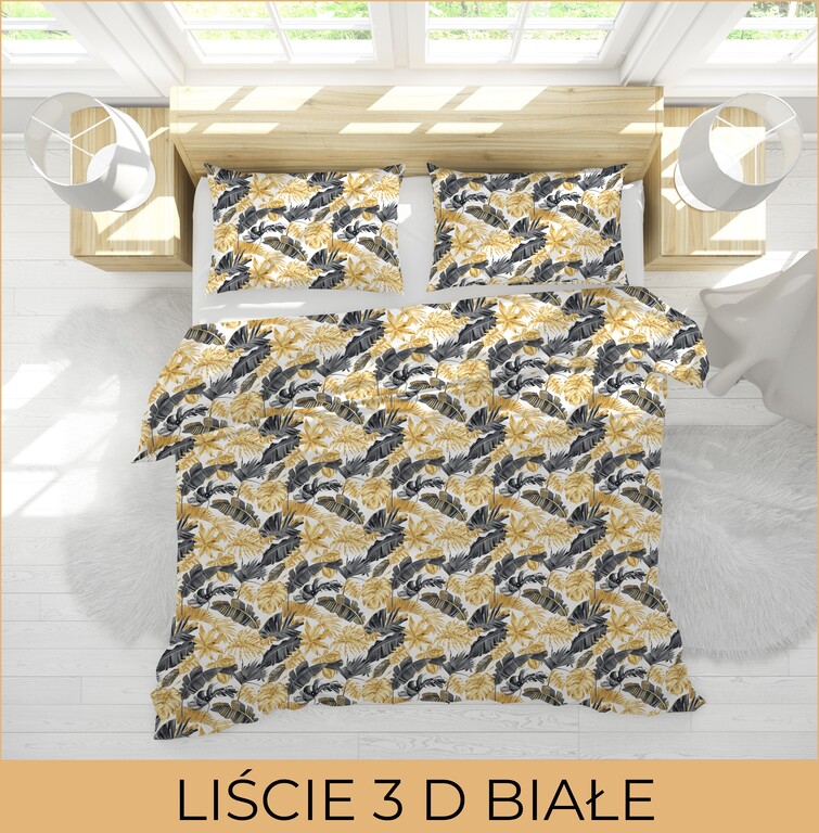 POŚCIEL HOTELOWA 140x200cm + POSZEWKA 70x80 BAWEŁNA 100% wzór: Liście 3D złoto białe (3)