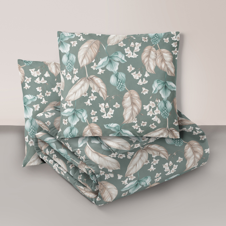 Komplet Pościeli 160x200 + 2x 70x80,  100% Bawełna, 140g/m2, wzór: Kwiat Pustyni Szałwia (1)