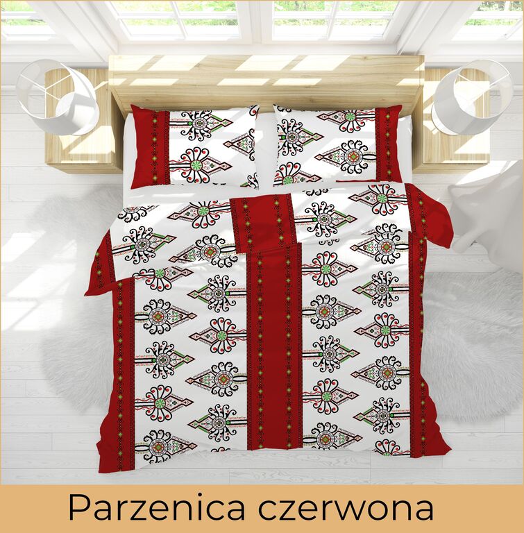 Komplet Pościeli 160x200 + 2x70x80, 100% Bawełna, 140g/m2, wzór:  Parzenica czerwona (3)
