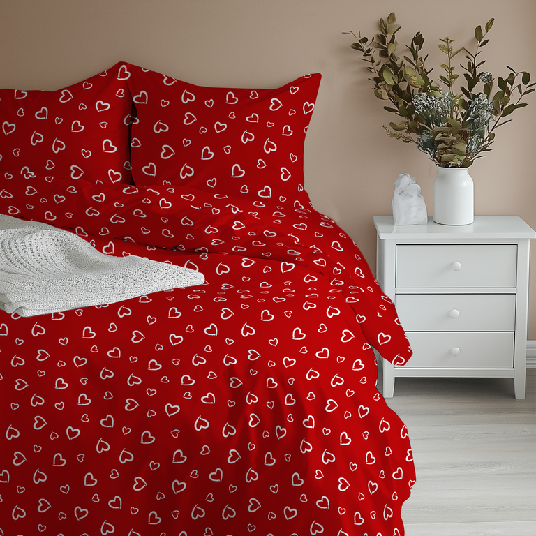 Komplet Pościeli 160x200 + 2x70x80, 100% Bawełna, 140g/m2, wzór: Białe Serca Obwódki na Czerwonym (13)
