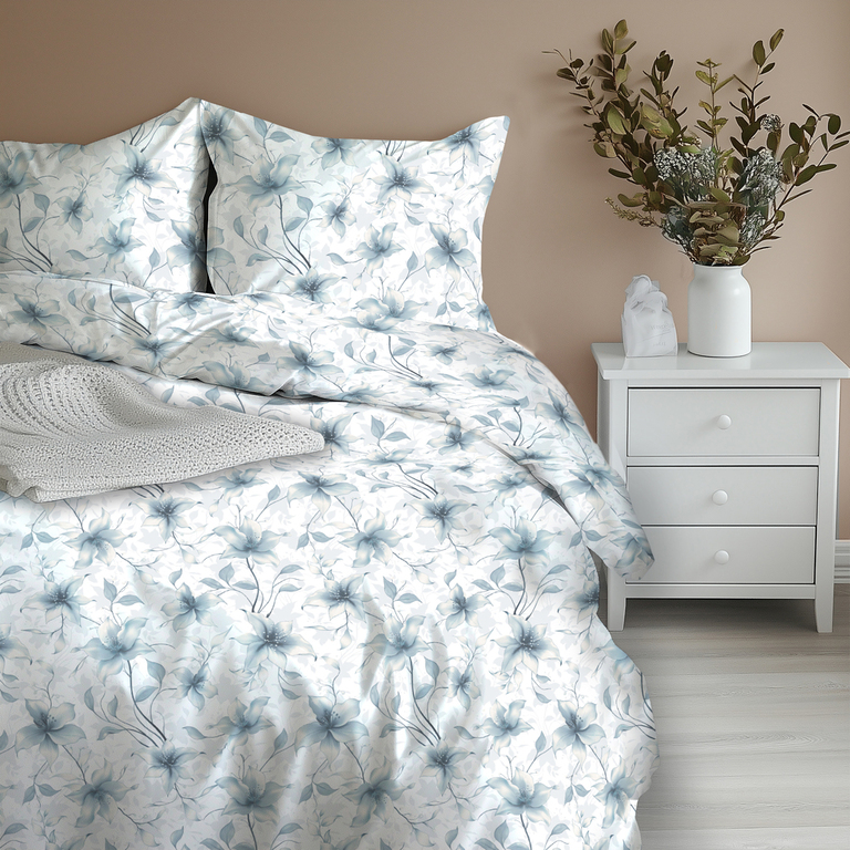 Komplet Pościeli 160x200 + 2x 70x80,  100% Bawełna, 140g/m2, wzór: Perłowa Wanilia Niebieska (8)