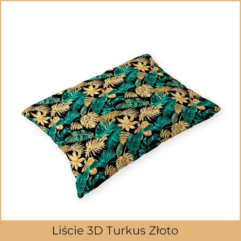 Poszewka na poduszkę 50x70cm BAWEŁNA CERTYFIKAT - Liście 3D turkus złoto (2)
