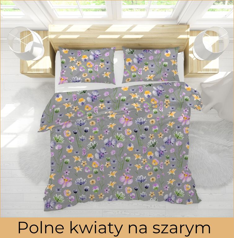 Pościel  140x200cm, 70x80cm, 140g/m2, bawełna 100% : Polne kwiaty na szarym (3)