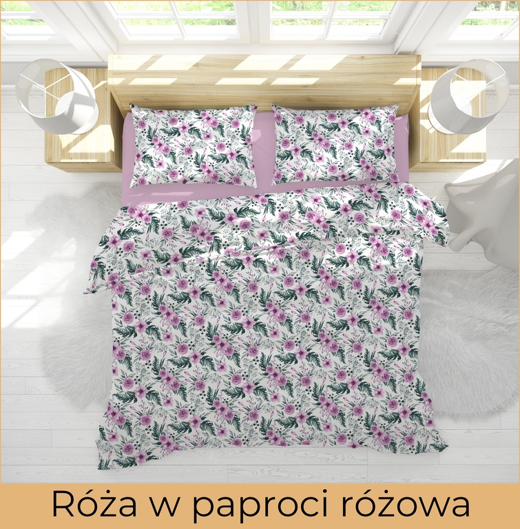POŚCIEL HOTELOWA 160x200 + 1 poszewka BAWEŁNA 100%, wzór : Róża w paproci różowa (3)