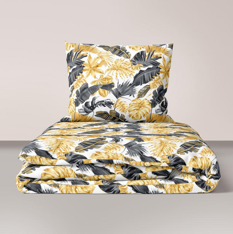Komplet Pościeli 160x200 + 2x70x80, 100% Bawełna, 140g/m2, wzór: Liście 3D złoto białe
