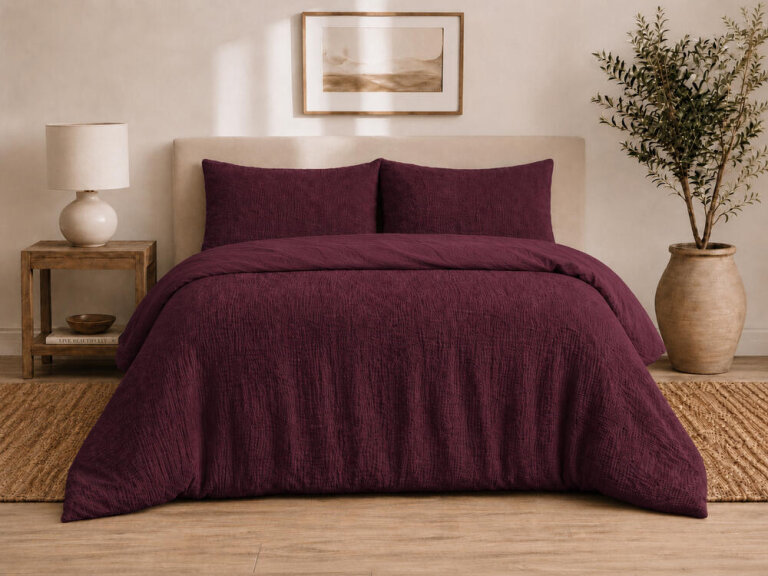 Pościel muślinowa dwuwarstwowa 220x200cm + 2x70x80cm - muślin + bawełna Burgundy (9)