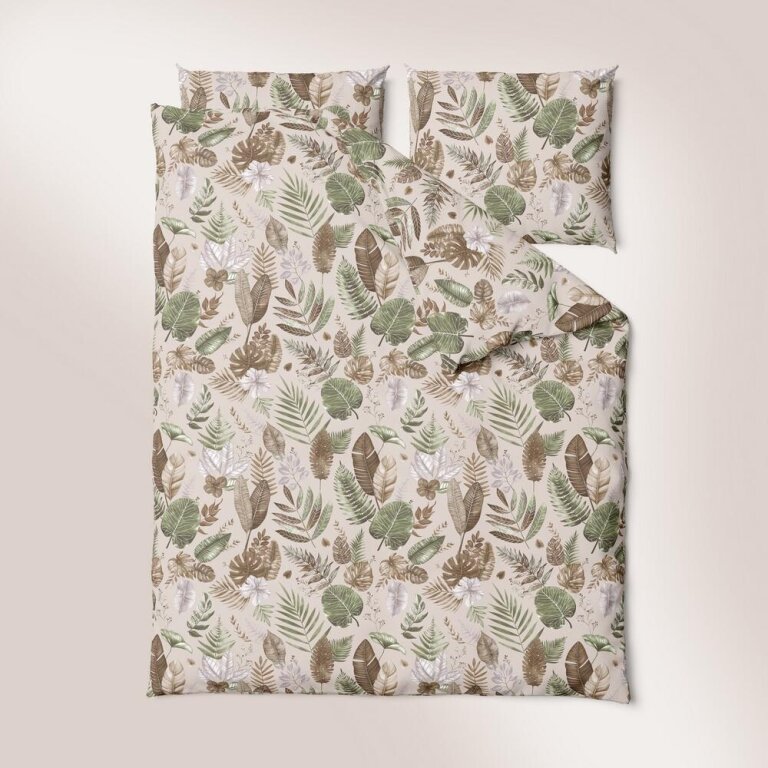 Komplet Pościeli 160x200 + 2x70x80, 100% Bawełna, 140g/m2, wzór: Paproć Beż (2)