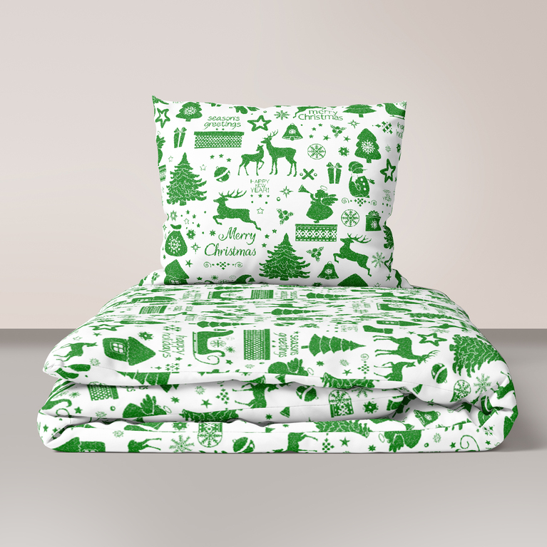 Komplet Pościeli 160x200 + 2x70x80, 100% Bawełna, 140g/m2, wzór: Sanie Mikołaja na białym zielone (1)