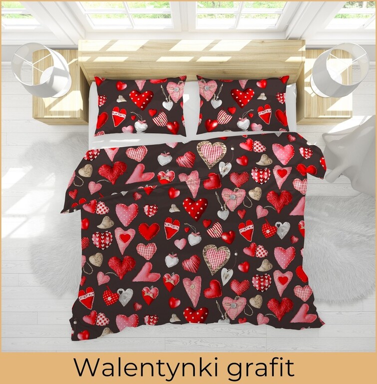 Pościel  140x200cm, 70x80cm, 140g/m2, bawełna 100% :  Walentynki grafit (3)