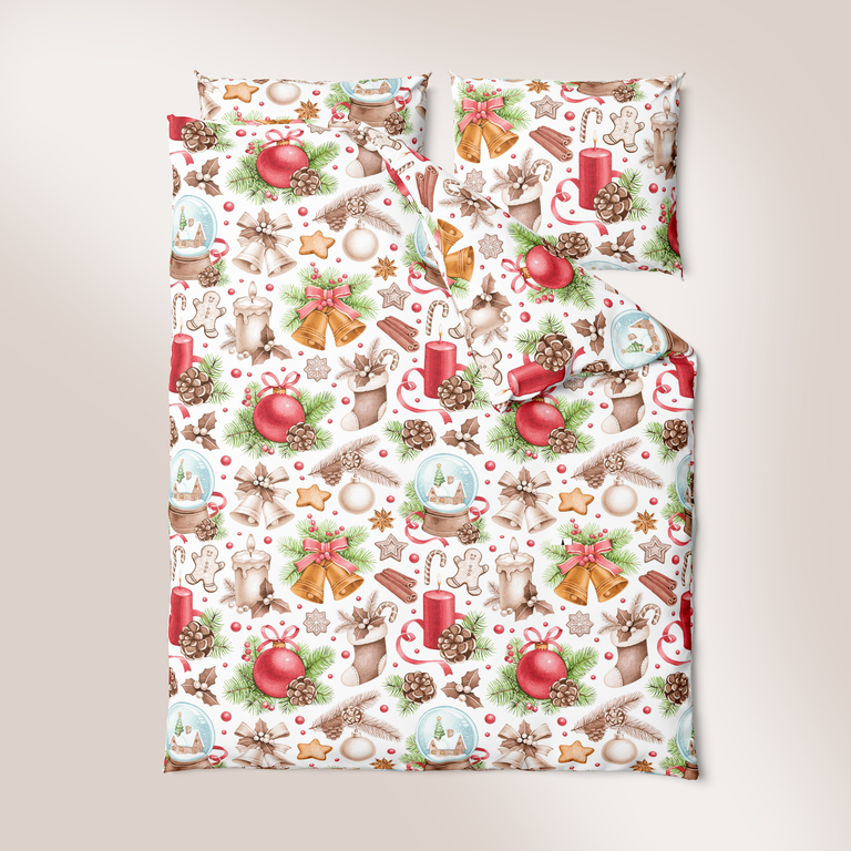 Komplet Pościeli Świątecznej 160x200 + 2x70x80, 100% Bawełna, 140g/m2, wzór: Śniegowa kula (6)