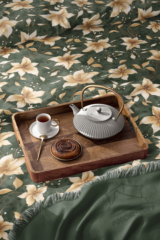 Komplet Pościeli 160x200 + 2x 70x80,  100% Bawełna, 140g/m2, wzór: Perłowa Wanilia na Zieleni (9)