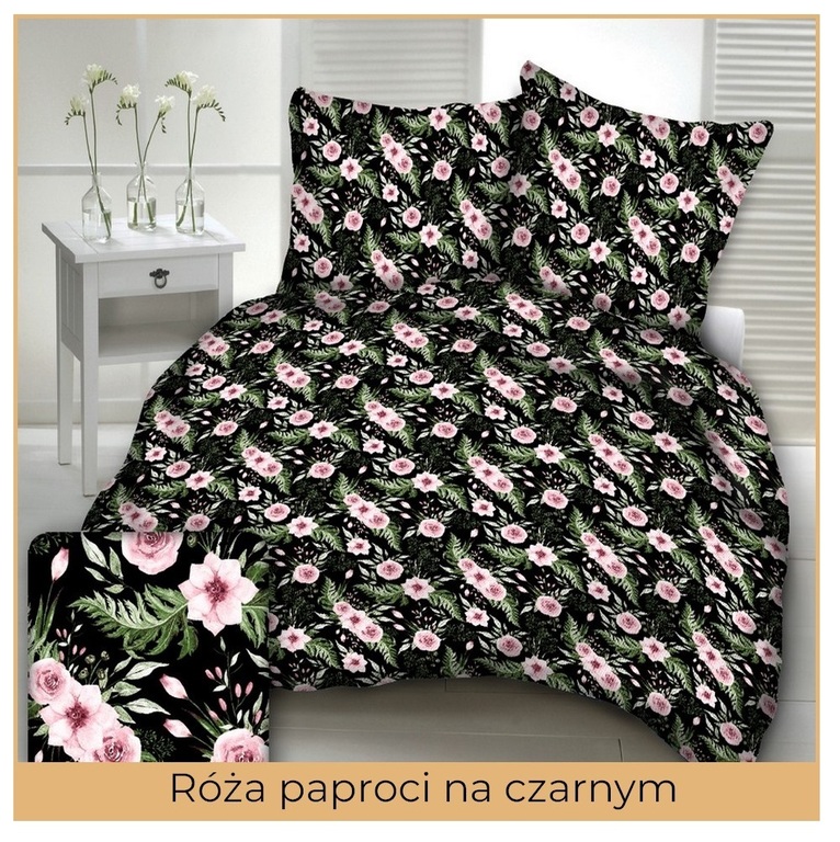 Pościel z Kory 140x200 + 1x70x80 Bawełna 100% Bielawa Produkt Polski - Róża paproci na czarnym (2)