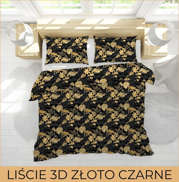 Pościel  140x200cm, 70x80cm, 140g/m2, bawełna 100% :  Liście 3D złoto czarne (3)
