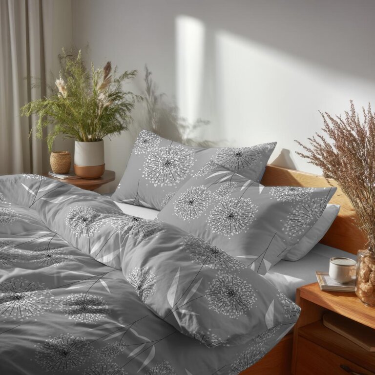 Komplet Pościeli 160x200 + 2x70x80, 100% Bawełna, 140g/m2, wzór:  DMUCHAWIEC SZARY (4)