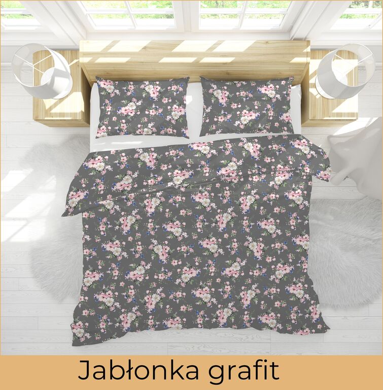 Pościel  140x200cm, 70x80cm, 140g/m2, bawełna 100% : Jabłonka grafit (3)