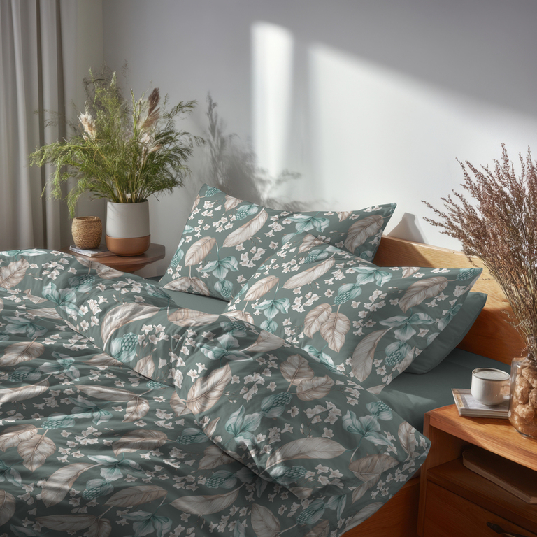Komplet Pościeli 160x200 + 2x 70x80,  100% Bawełna, 140g/m2, wzór: Kwiat Pustyni Szałwia (7)