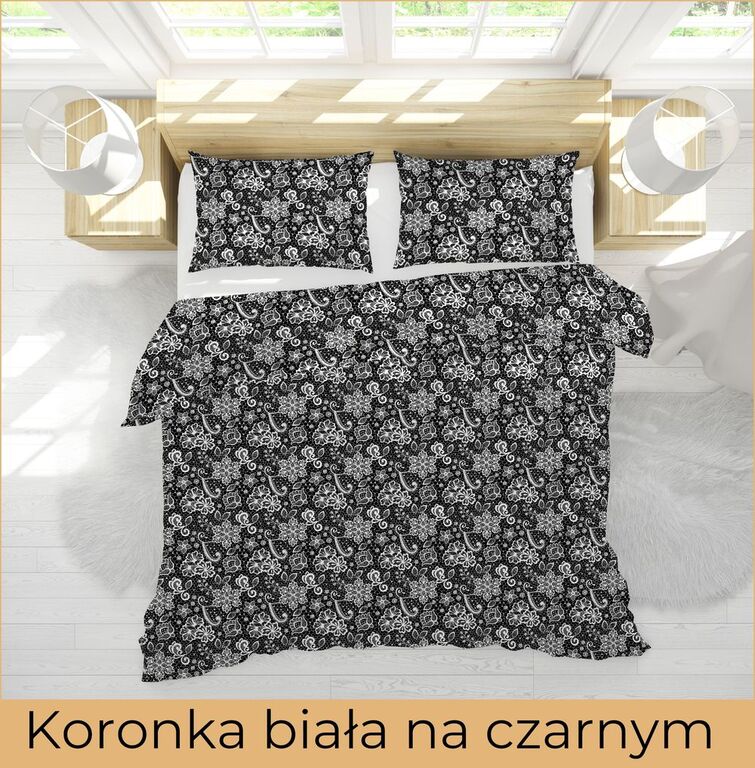 POŚCIEL Z KORY 160x200 + POSZEWKA 70x80 GRUBA  POLSKA BAWEŁNA - Koronka na czarnym tle biała (3)