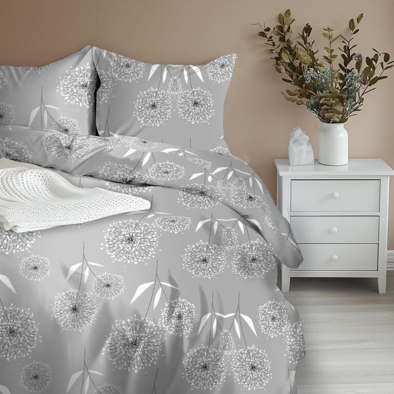 Komplet Pościeli 160x200 + 2x70x80, 100% Bawełna, 140g/m2, wzór:  DMUCHAWIEC SZARY (3)