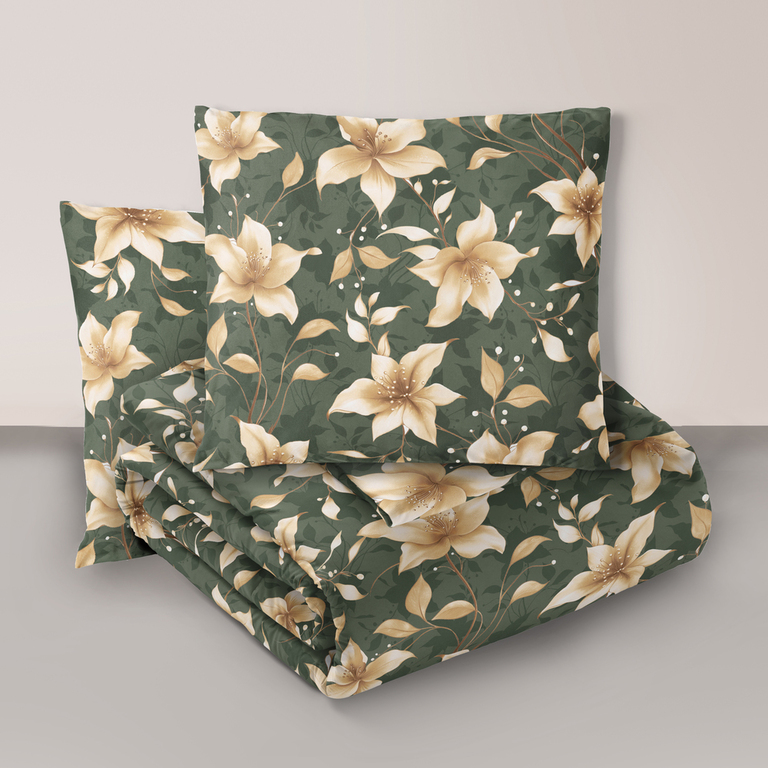 Komplet Pościeli 160x200 + 2x 70x80,  100% Bawełna, 140g/m2, wzór: Perłowa Wanilia na Zieleni (1)