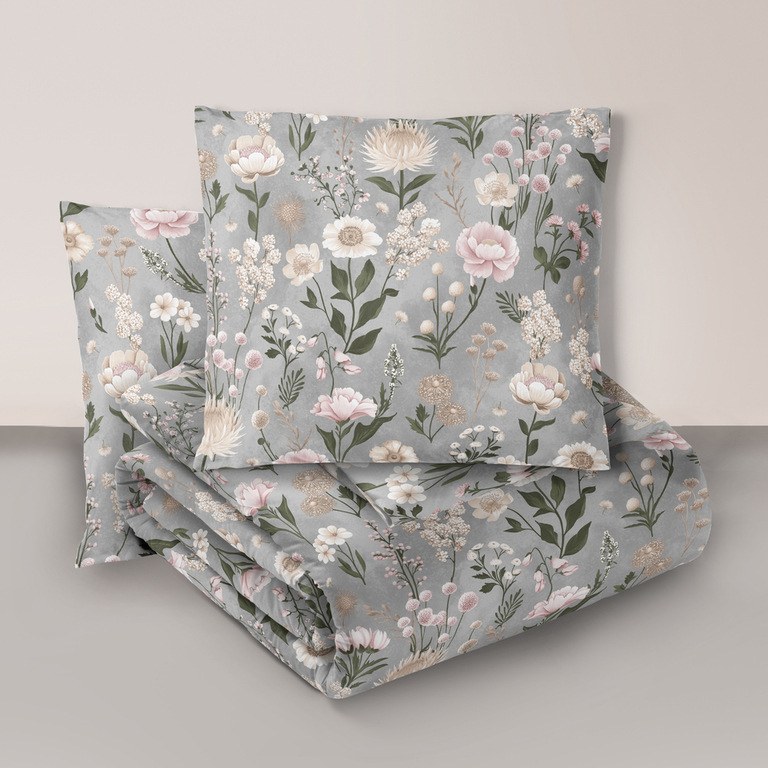 Komplet Pościeli 160x200 + 2x 70x80,  100% Bawełna, 140g/m2, wzór: Kwiatowy Ogród Wanilia szaro różowa (1)