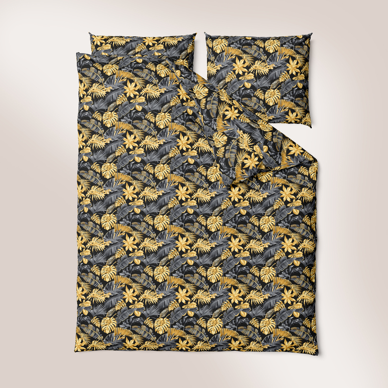 Pościel  140x200cm, 70x80cm, 140g/m2, bawełna 100% :  Liście 3D złoto szare (2)
