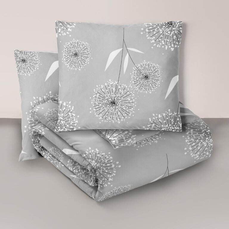 Komplet Pościeli 160x200 + 2x70x80, 100% Bawełna, 140g/m2, wzór:  DMUCHAWIEC SZARY (1)