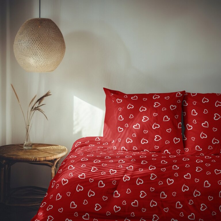 Komplet Pościeli 160x200 + 2x70x80, 100% Bawełna, 140g/m2, wzór: Białe Serca Obwódki na Czerwonym (20)