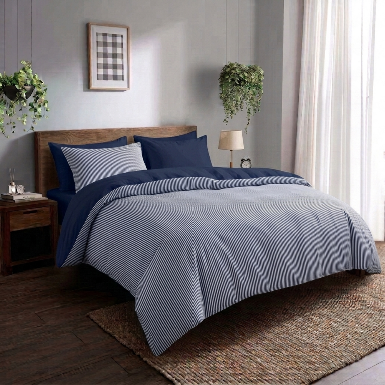 Pościel Dwustronna 160x200cm 2x70x80cm, 140g/m2,100% bawełna wzór: Paseczki granat Mix (5)