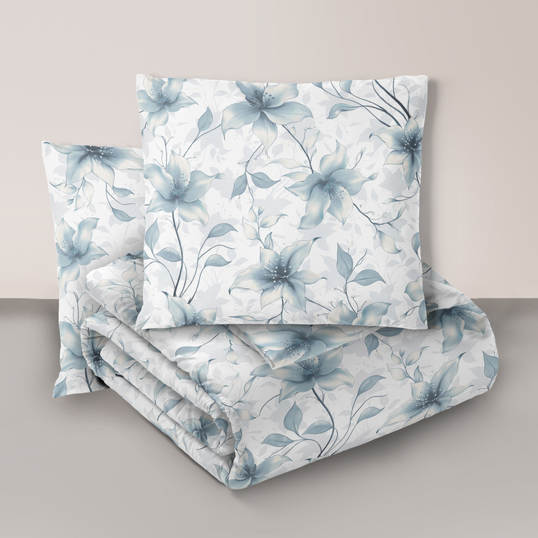 Komplet Pościeli 160x200 + 2x 70x80,  100% Bawełna, 140g/m2, wzór: Perłowa Wanilia Niebieska (1)