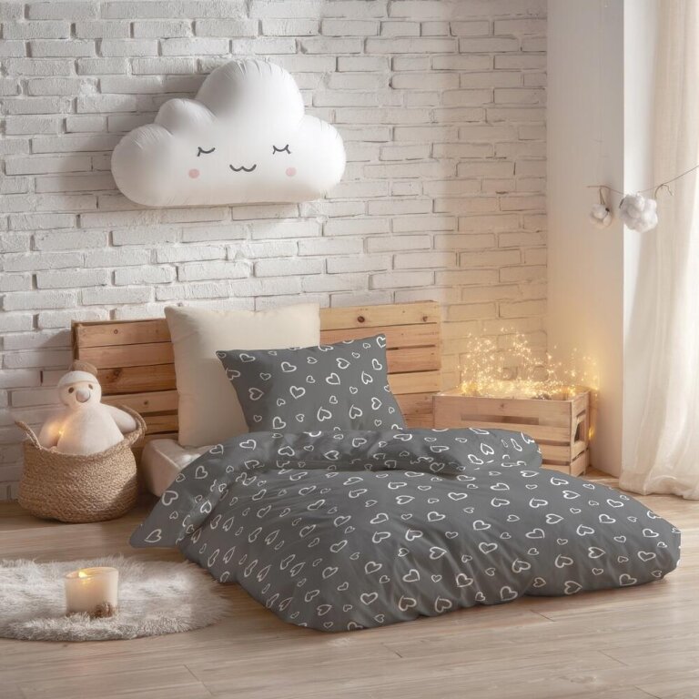 Pościel DZIECIĘCA 140x200 dla dziecka 100% bawełna CERTYFIKAT Serca Obwódki Białe na Szarym (14)