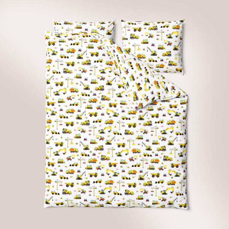 Pościel DZIECIĘCA 140x200 poszewka 50x70 dla dziecka 100% bawełna CERTYFIKAT koparki białe (2)