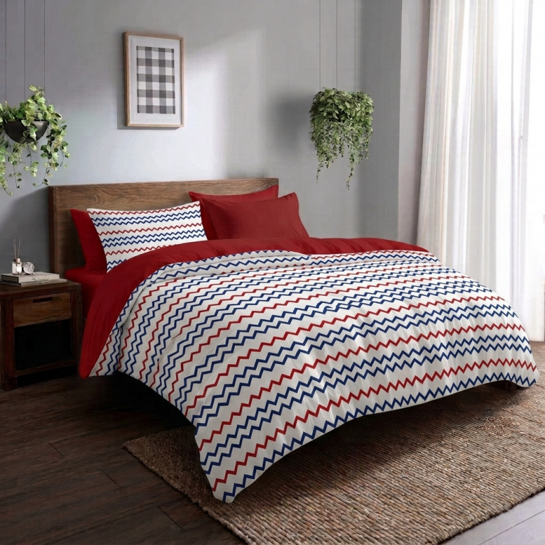 Pościel Dwustronna 160x200cm 2x70x80cm, 140g/m2,100% bawełna wzór: ZygZak czerwono granatowy Mix (5)