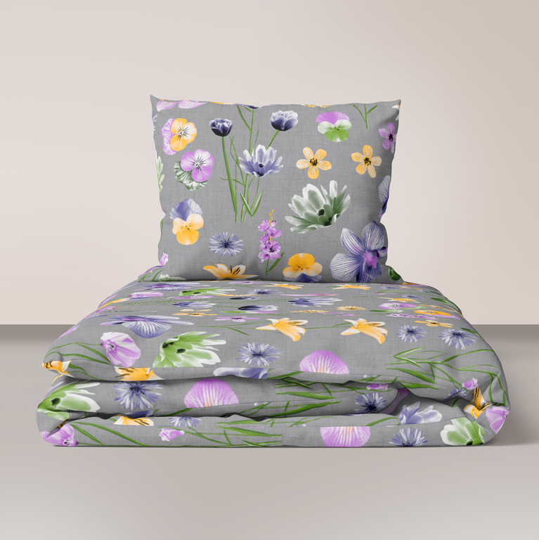 Pościel  140x200cm, 70x80cm, 140g/m2, bawełna 100% : Polne kwiaty na szarym (1)