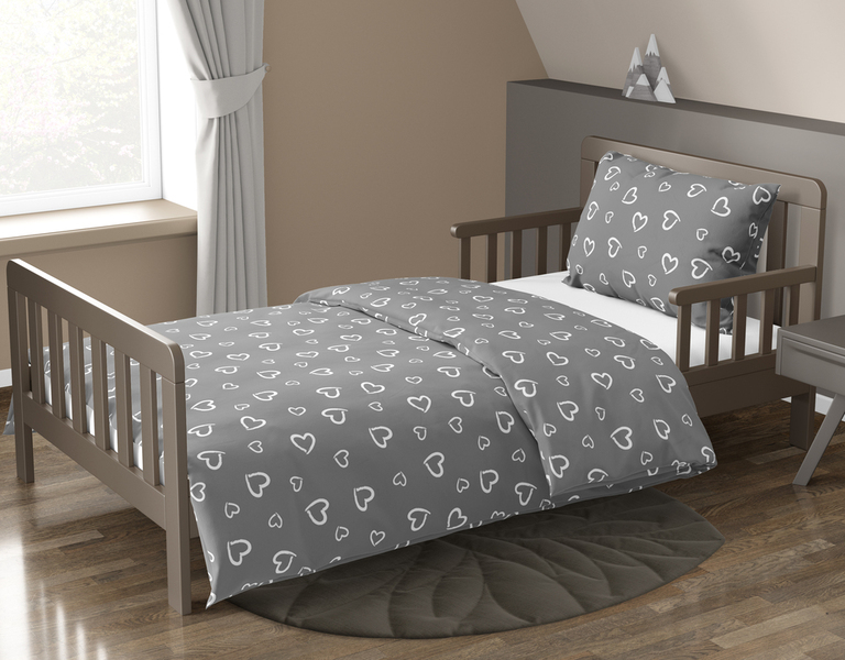 Pościel DZIECIĘCA 140x200 dla dziecka 100% bawełna CERTYFIKAT Serca Obwódki Białe na Szarym (10)