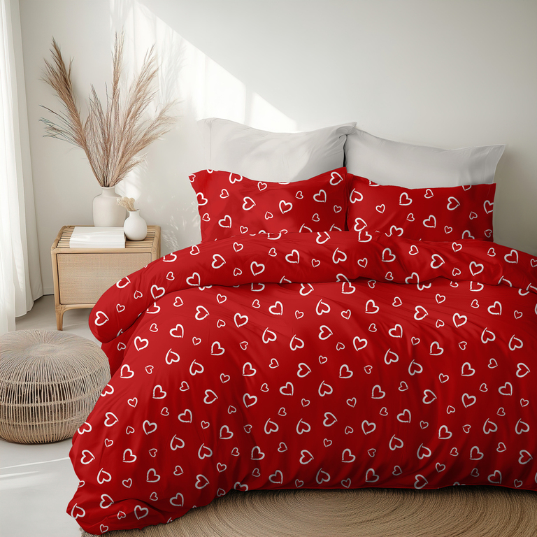 Komplet Pościeli 160x200 + 2x70x80, 100% Bawełna, 140g/m2, wzór: Białe Serca Obwódki na Czerwonym (3)